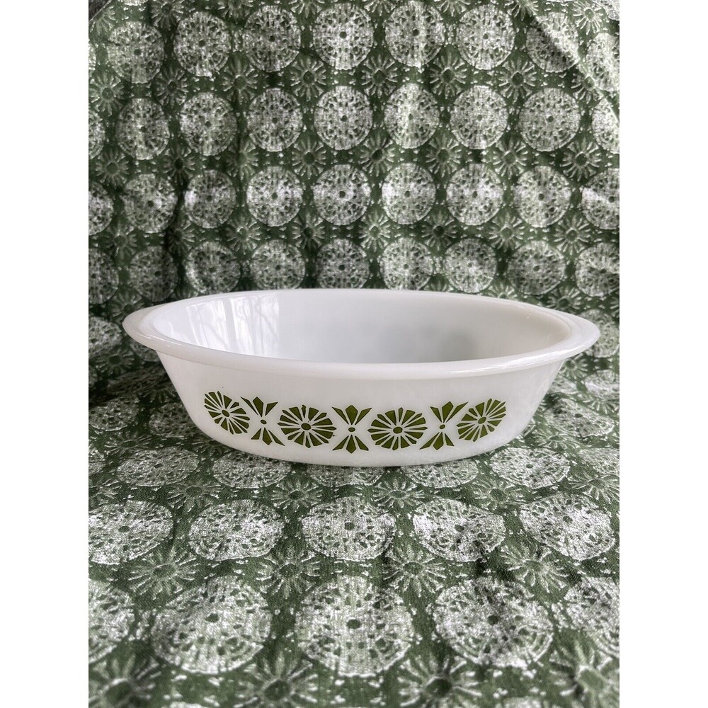 Vintage Glasbake 1 Quart Green Floral Pinwheel Oval Casserole J235